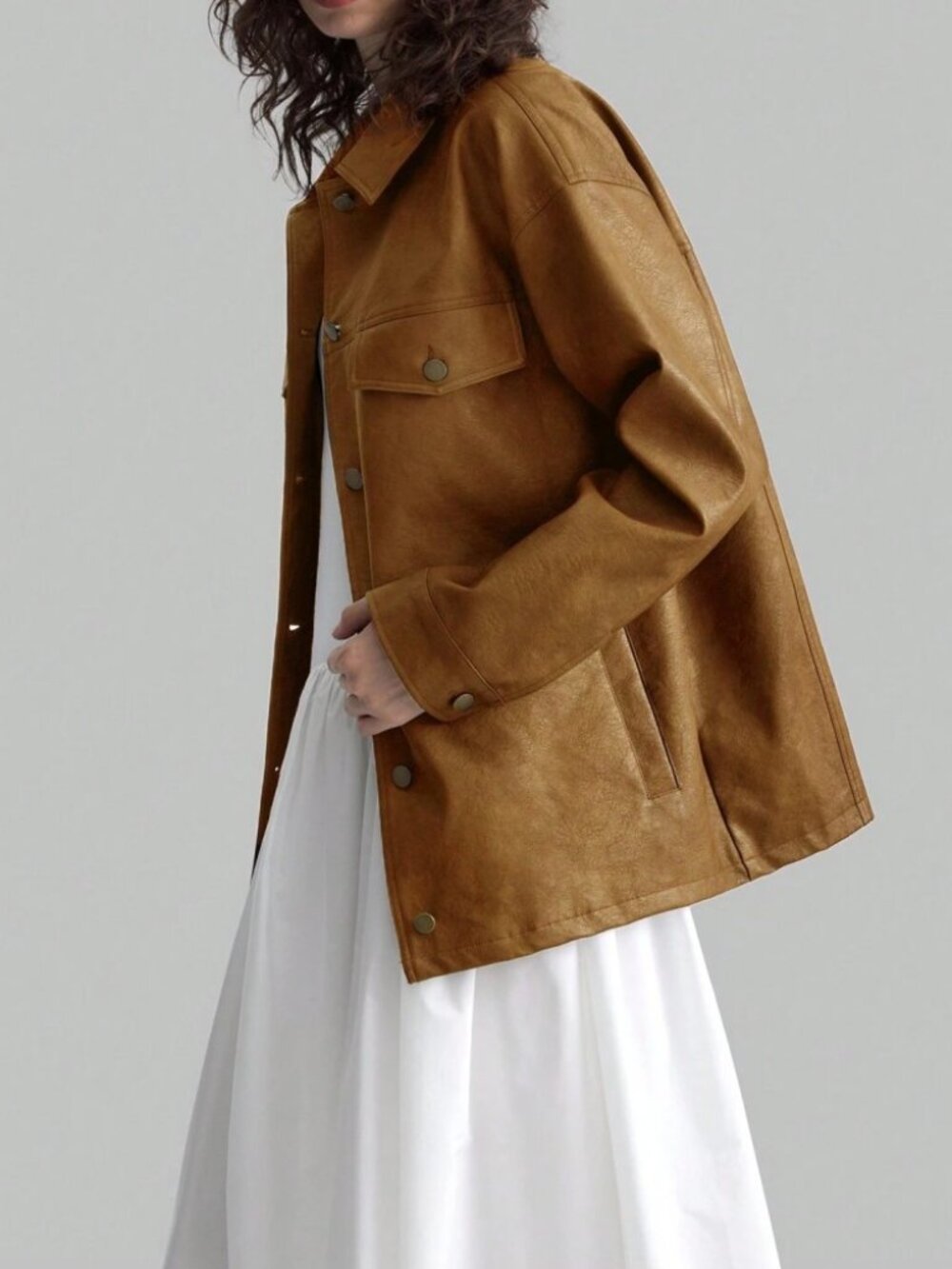 Camel Faux Leather Snap Front Jacket with Flap Pockets - Picture 7 of 9
